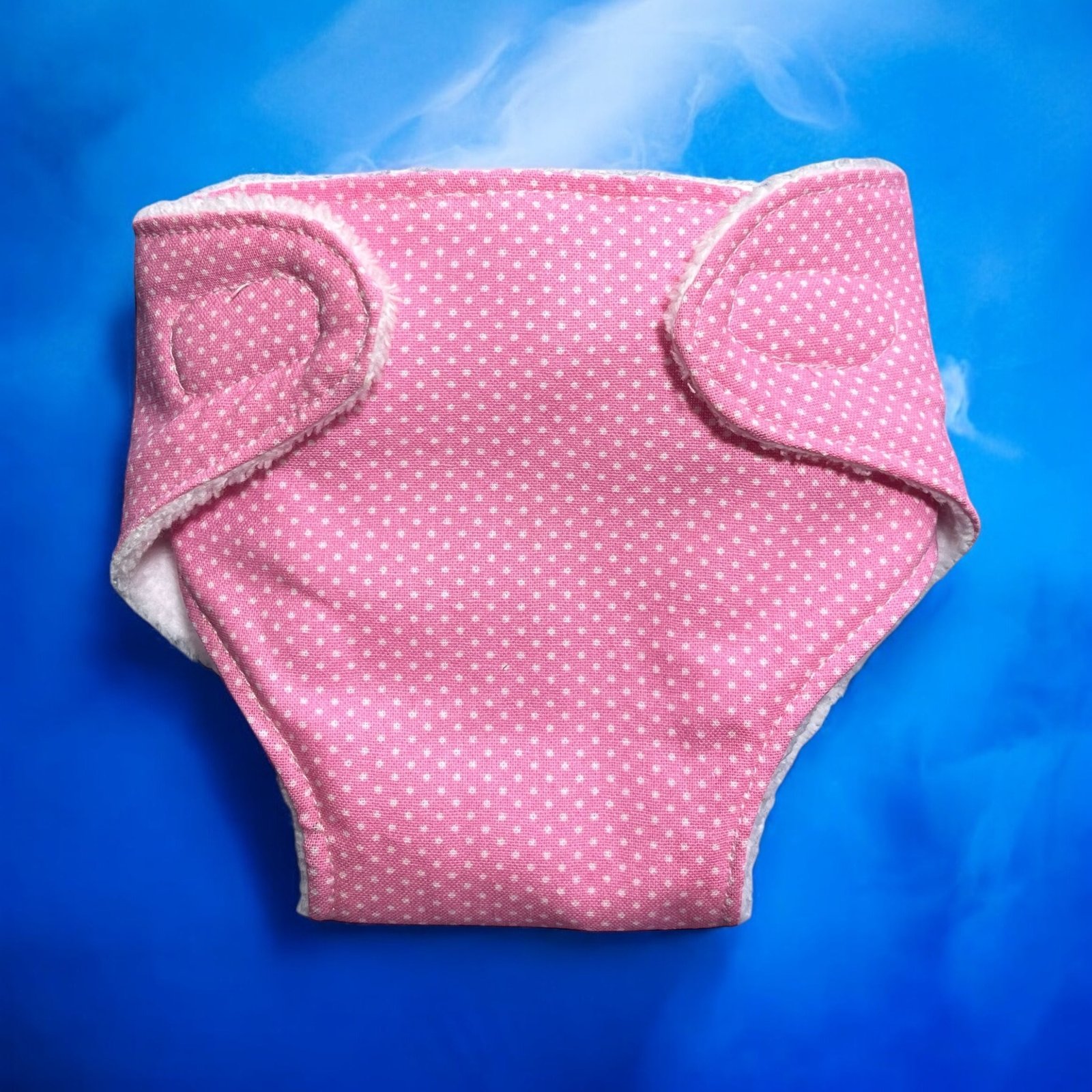 Sweet Dotty Pink Baby Doll Nappy with Velcro. Suits 43cm doll (as shown) - Image 2