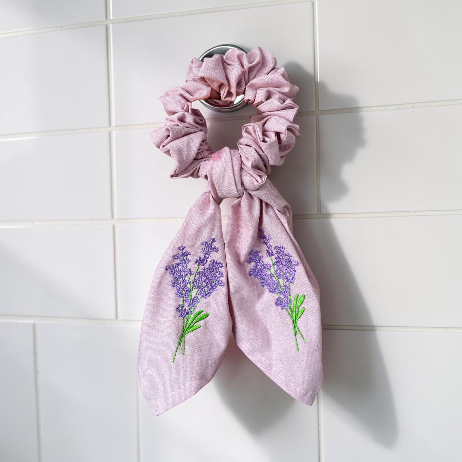 Pale Pink Embroidered Scrunchie with tails - Image 2