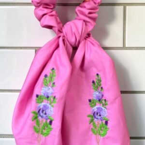 Candy Pink Embroidered Scrunchie with Tails - Desert Rose