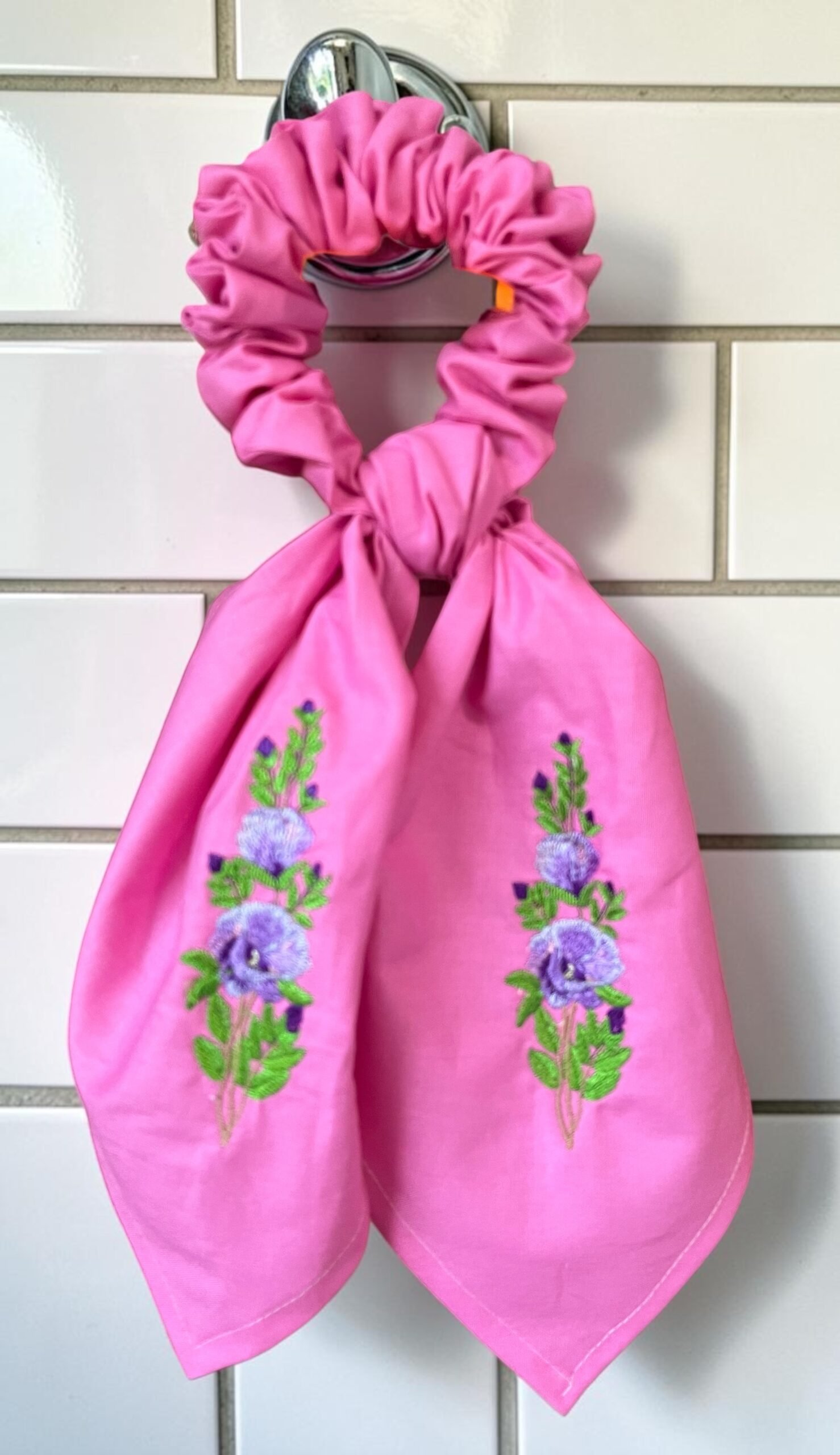 Candy Pink Embroidered Scrunchie with Tails - Image 2