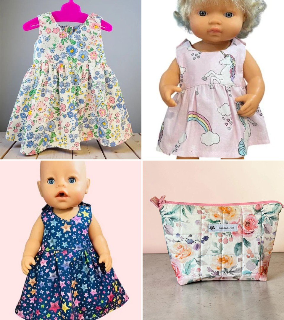 Handmade doll dresses on a MiniLand and Baby Born doll, a floral doll dress on a hanger, and a handmade zippered pouch