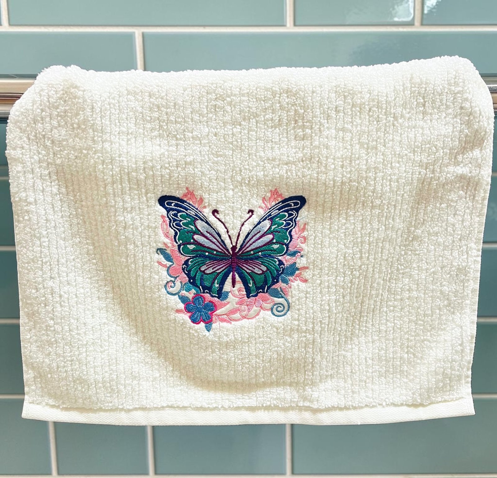 Emerald Butterfly Embroidered Hand Towel - Image 4